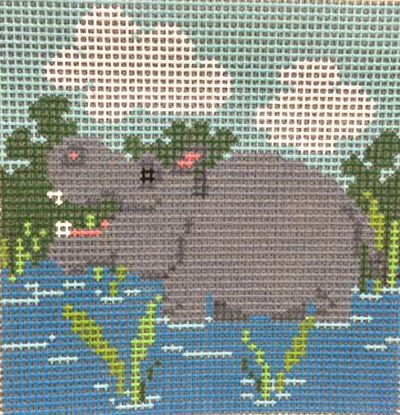 An easy beginner needlepoint kit of a hippo that is stitch-painted onto 7  mesh needlepoint canvas. The design area measures 9 x 9 and it comes with  tapestry wool and how to